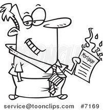 Cartoon Black and White Line Drawing of a Business Man Burning up His Mortgage by Toonaday