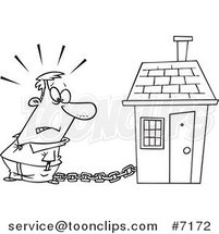 Cartoon Black and White Line Drawing of a Guy Tied to a House with a Mortgage Chain by Toonaday