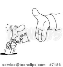Cartoon Black and White Line Drawing of an Employee Handing a Report to a Big Hand by Toonaday