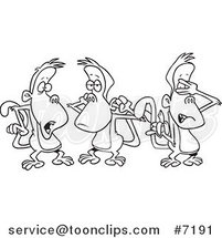 Cartoon Black and White Line Drawing of a Group of Three Monkeys by Toonaday