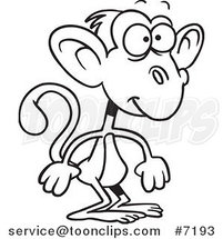Cartoon Black and White Line Drawing of a Standing Monkey by Toonaday