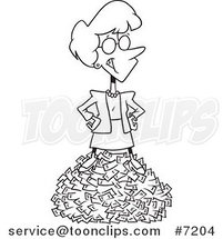 Cartoon Black and White Line Drawing of a Rich Business Woman Standing on Cash by Toonaday