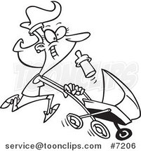 Cartoon Black and White Line Drawing of a Mother Running with a Pram by Toonaday