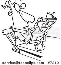 Cartoon Black and White Line Drawing of a Guy Reading the News over His Morning Coffee by Toonaday