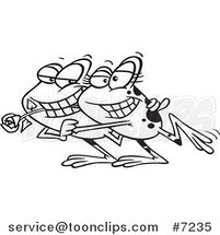 Cartoon Black and White Line Drawing of a Frog Couple Dancing by Toonaday