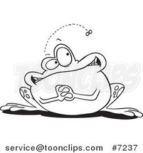 Cartoon Black and White Line Drawing of a Frog Waiting for a Fly by Toonaday