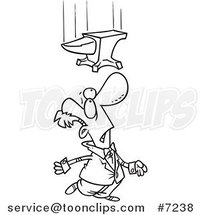 Cartoon Black and White Line Drawing of a Guy Looking up at a Falling Anvil by Toonaday