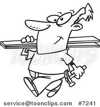 Cartoon Black and White Line Drawing of a Fencer Carrying Planks by Toonaday