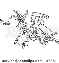 Cartoon Black and White Line Drawing of a Guy Trying to Fly with Feathers by Toonaday