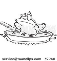 Cartoon Black and White Line Drawing of a Frog on a Frying Pan by Toonaday
