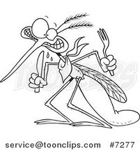 Cartoon Black and White Line Drawing of a Hungry Mosquito by Toonaday