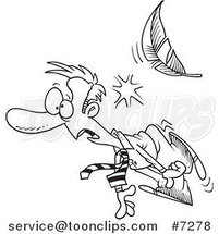 Cartoon Black and White Line Drawing of a Feather Knocking out a Business Man by Toonaday