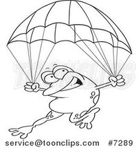 Cartoon Black and White Line Drawing of a Frog Parachuting by Toonaday