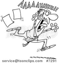 Cartoon Black and White Line Drawing of a Business Man Running in Fear by Toonaday
