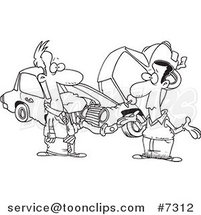 Cartoon Black and White Line Drawing of Two Men Roadside After a Fender Bender by Toonaday
