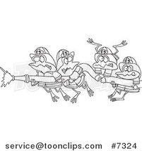Cartoon Black and White Line Drawing of Fire Frogs Holding a Hose by Toonaday