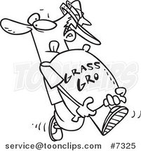 Cartoon Black and White Line Drawing of a Landscaper Carrying a Bag of Fertilizer by Toonaday
