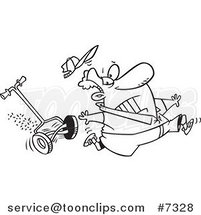 Cartoon Black and White Line Drawing of a Guy Running from a Lawn Mower by Toonaday