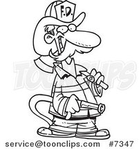 Cartoon Black and White Line Drawing of a Fire Fighter Carrying an Axe and Hose by Toonaday