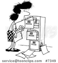 Cartoon Black and White Line Drawing of a Business Woman at a Messy Cabinet by Toonaday