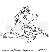 Cartoon Black and White Line Drawing of a Fire Fighter Bear Carrying a Hose by Toonaday