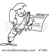 Cartoon Black and White Line Drawing of a Business Woman Using a Magnifying Glass to Read the Fine Print by Toonaday