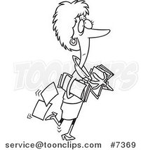 Cartoon Black and White Line Drawing of a Business Woman Carrying and Dropping Files by Toonaday