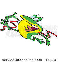 Cartoon Hopping Frog Breaking Through the Finish Line Ribbon by Toonaday