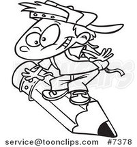 Cartoon Black and White Line Drawing of a School Boy Riding a Pencil by Toonaday