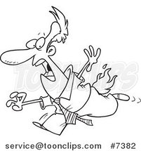 Cartoon Black and White Line Drawing of a Business Man Running with His Pants on Fire by Toonaday