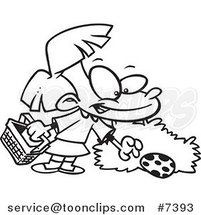 Cartoon Black and White Line Drawing of a Girl Hunging Easter Eggs by Toonaday