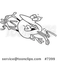 Cartoon Black and White Line Drawing of a Hopping Frog Breaking Through the Finish Line Ribbon by Toonaday