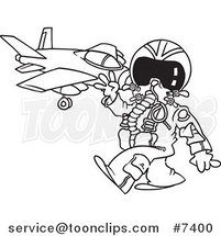 Cartoon Black and White Line Drawing of a Fighter Pilot near His Jet by Toonaday