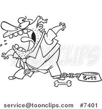 Cartoon Black and White Line Drawing of a Fierce Boss Tied up by a Dog Bowl by Toonaday