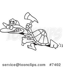 Cartoon Black and White Line Drawing of a Fire Fighter Tortoise Carrying an Axe by Toonaday