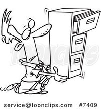Cartoon Black and White Line Drawing of a Business Man Carrying a Filing Cabinet by Toonaday