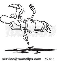 Cartoon Black and White Line Drawing of a Floating Business Man Holding His Arms out by Toonaday