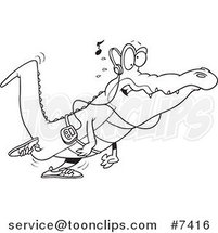 Cartoon Black and White Line Drawing of a Gator Walking and Listening to Music by Toonaday