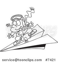 Cartoon Black and White Line Drawing of a Pilot Boy Flying on a Paper Plane by Toonaday