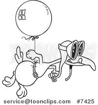 Cartoon Black and White Line Drawing of a Flightless Bird Tied to a Balloon by Toonaday