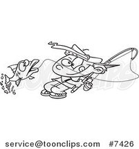 Cartoon Black and White Line Drawing of a Fishing Boy Reeling in a Fish by Toonaday