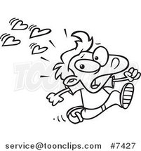 Cartoon Black and White Line Drawing of a Boy Fleeing from Love by Toonaday