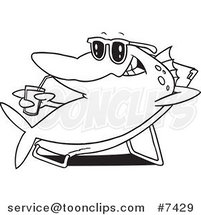 Cartoon Black and White Line Drawing of a Fish Relaxing on a Lounge Chair and Sipping a Beverage by Toonaday