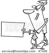 Cartoon Black and White Line Drawing of a Business Man Holding out a Flash Card by Toonaday