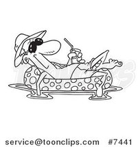Cartoon Black and White Line Drawing of a Guy Floating in an Inner Tube with a Beverage by Toonaday