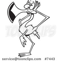 Cartoon Black and White Line Drawing of a Flamingo Covering His Ears by Toonaday