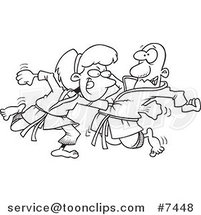 Cartoon Black and White Line Drawing of a Karate Lady Punching Her Fist Through a Guy's Chest by Toonaday