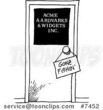 Cartoon Black and White Line Drawing of a Gone Fishing Sign on a Door by Toonaday