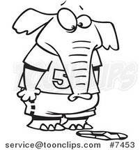 Cartoon Black and White Line Drawing of an Elephant Staring at a Flattened Soccer Ball by Toonaday