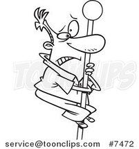 Cartoon Black and White Line Drawing of a Guy Climbing a Flag Pole by Toonaday